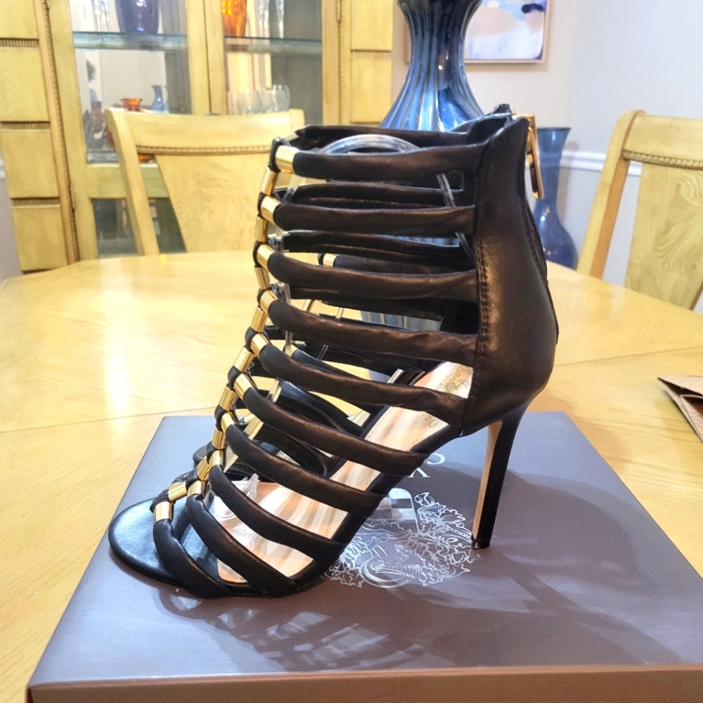 Vince Camuto Black and Gold Strappy Heels